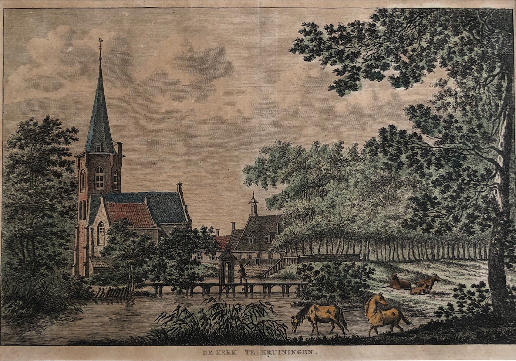 'De kerk te Kruiningen'. Handcoloured engraving by K.F. Bendorp after Jan Bulthuis. Published in 1793.