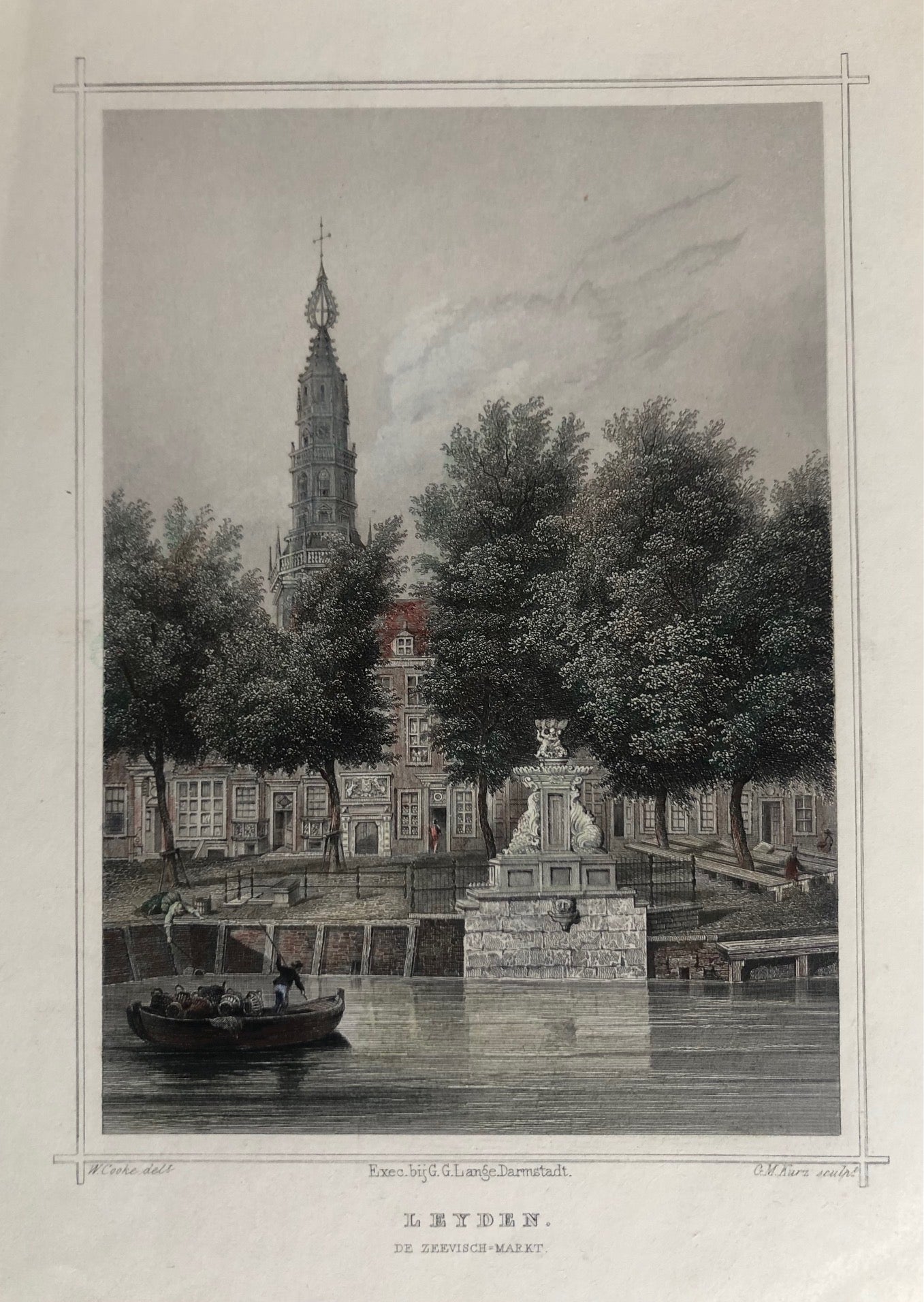 Leiden, vismarkt, old print, antique print, leyden, holland, engraving, gravure, prent leiden, oude prent, antiek prent, city view, kerk, church, fountain, colour, zeevischmarkt