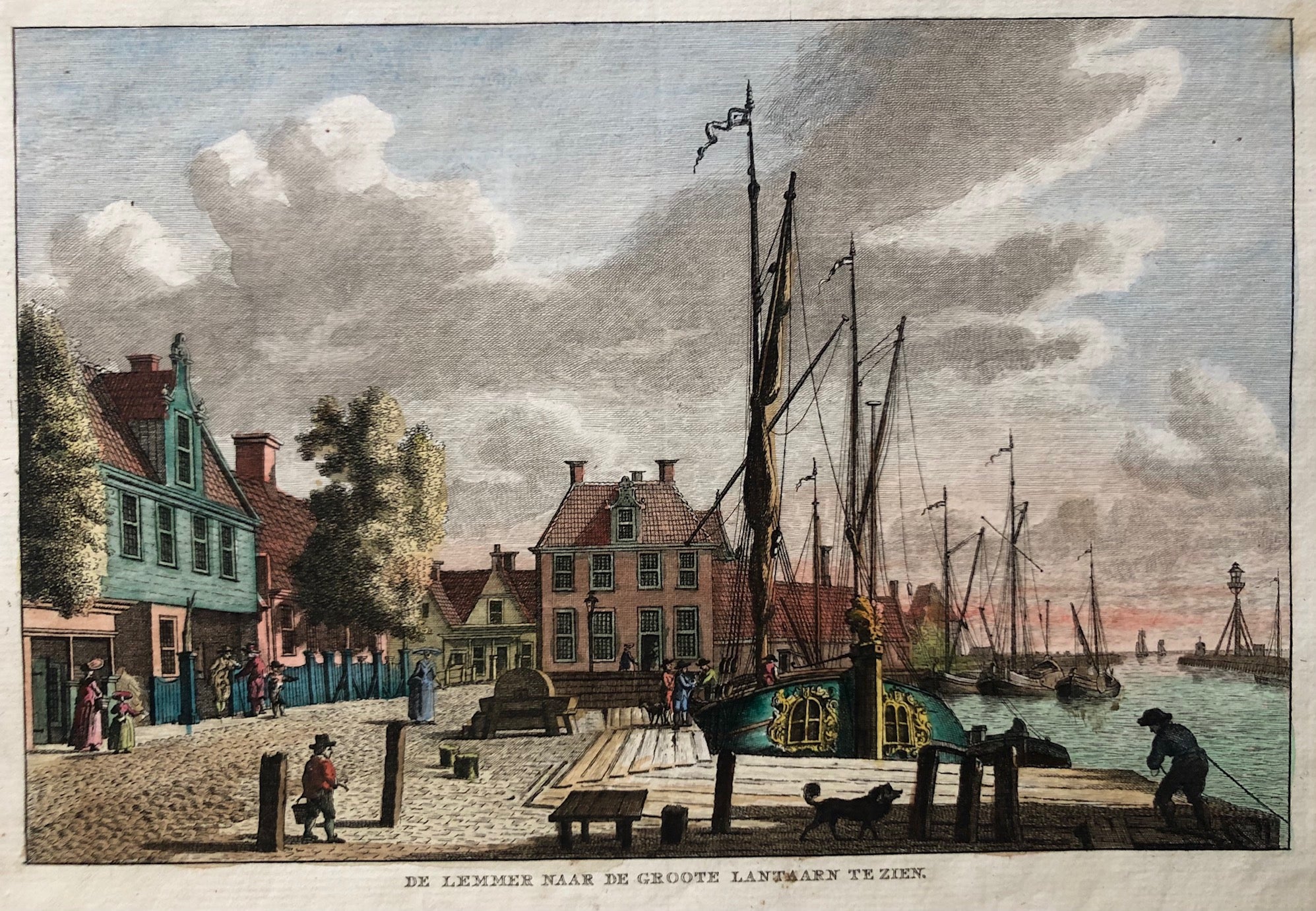 old print, antique print, engraving, gravure, oude prent, antieke prent, friesland, ships, boats, village, holland, dutch, scheepvaart, colour, bulthuis