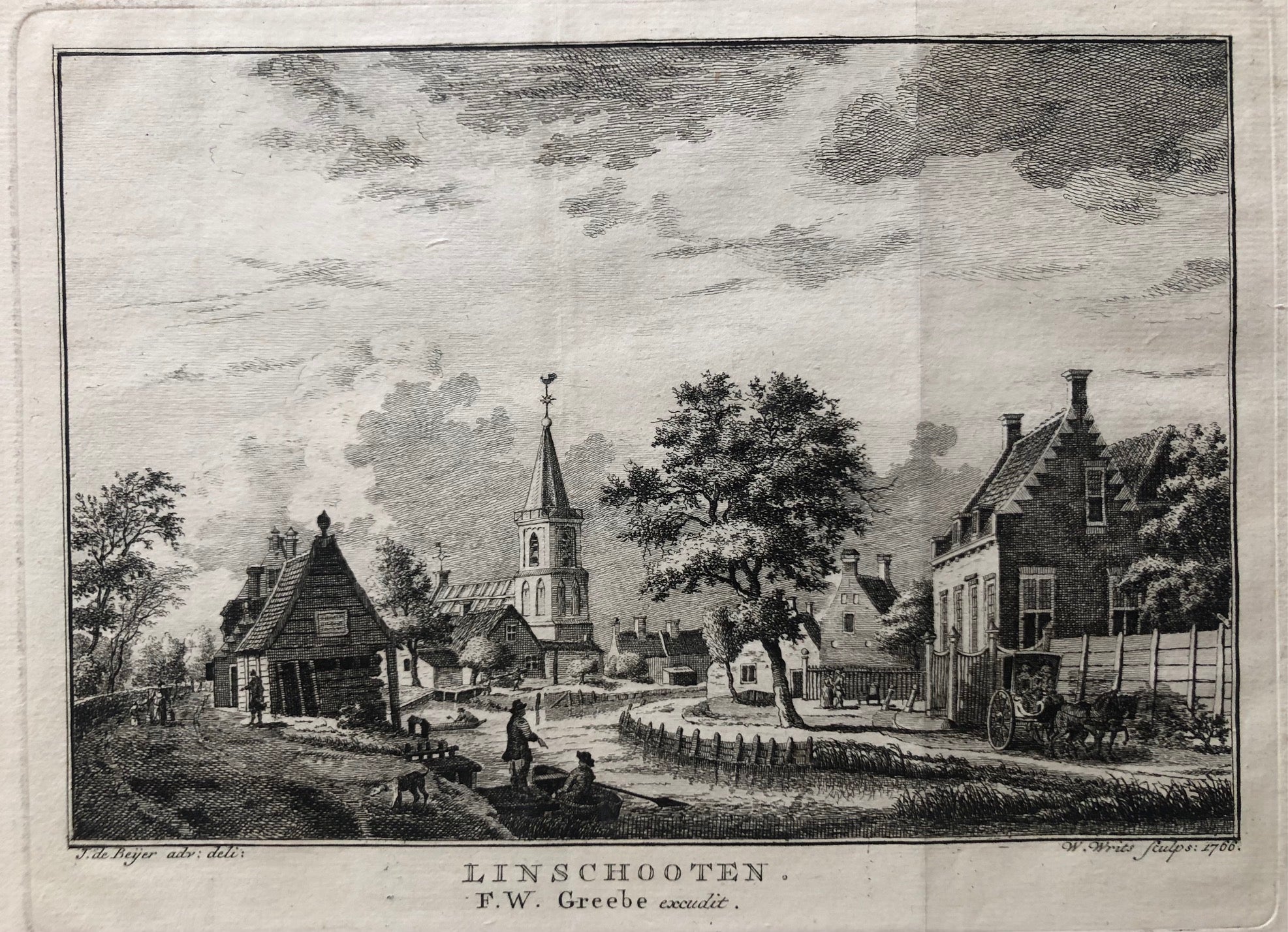 engraving, old print, antique print, oude prent, original, antieke prent, linschoten, woerden, utrecht, beyer, city, view, village, rural, boat, horse, fisher, visser, kerk, church, linschooten