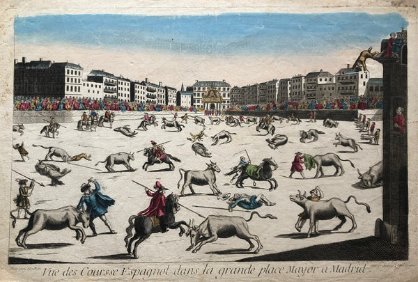 old print, antique print, madrid, oude prent, antieke prent, bullfighting, spain , spanje, toreo, tauromaquia, optica prent, optique, engraving, plaza mayor, stierengevecht, gravure