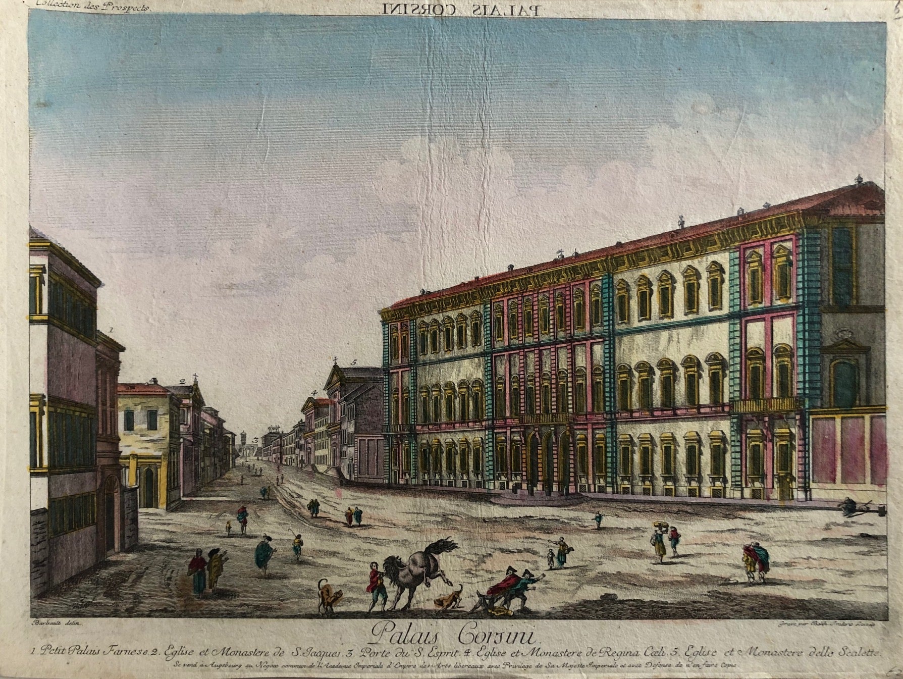 rome, roma, italy, corsini, palazzo, old print, antique print, engraving, optical print, optique, perspective, leizelt, augsburg, galleria,lungare, trastevere, italia