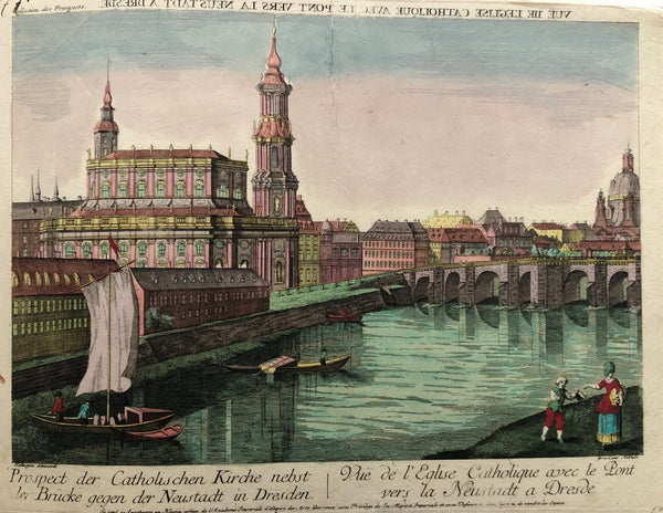 germany, deutschland, dresden, church, kirche, engraving, old print, antique print, optical print, perspective, view, guckkasten,neustadt, bridge