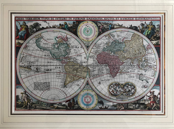  'ORBIS TERRARUM TYPUS DE INTEGRO IN PLURIMIS EMENDATUS, AUCTUS, ET ICUNCULIS ILLUSTRATUS Auco- Nicōlaus / Ioā= Visschero.  Beautiful handcolored twin hemisphere map of the world by Claes Jansz. Visscher