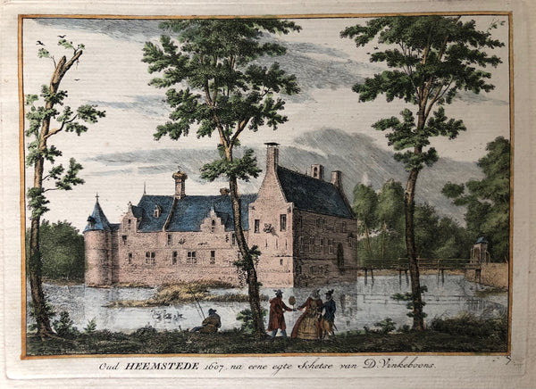 heemstede, huis te heemstede, oude slot, slot, slottuinen, slottuin heemstede, spilman, old print, antique print, oude prent heemstede, antieke prent, vinkeboom, vinckeboon, vinckbooms, etching, engraving, colour, hendrik spilman, haarlem