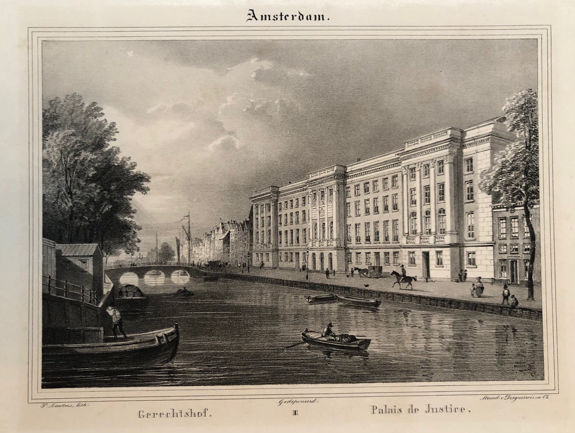 old print, antique print, lithograph, litho, prent amsterdam, oude prent, antieke prent, lauters, prinsengracht, leidsestraat, paleis van justitie, gerechtshof