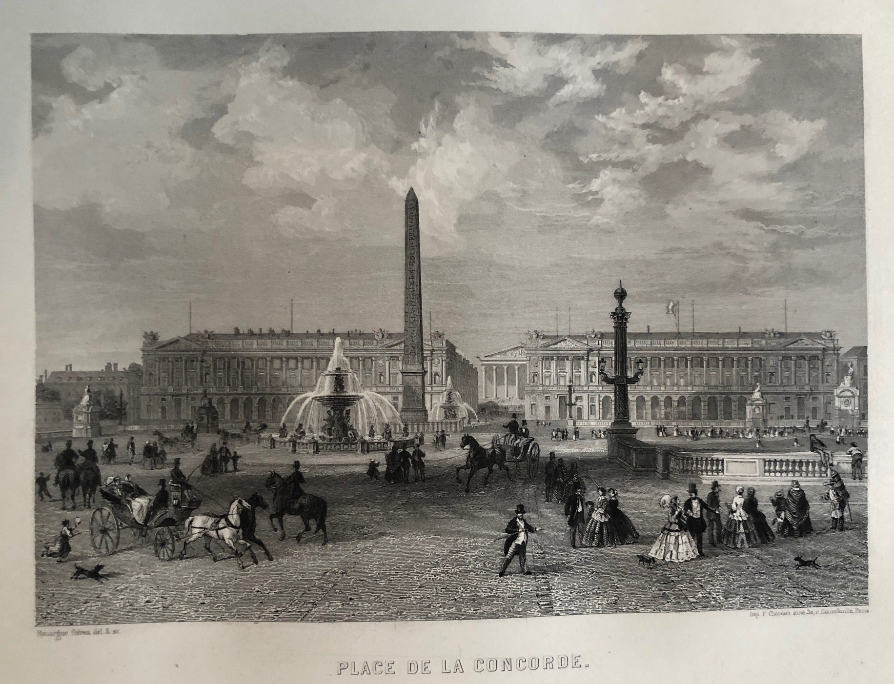 old print, antique print, engraving, paris, france, place, concorde, place de la concorde