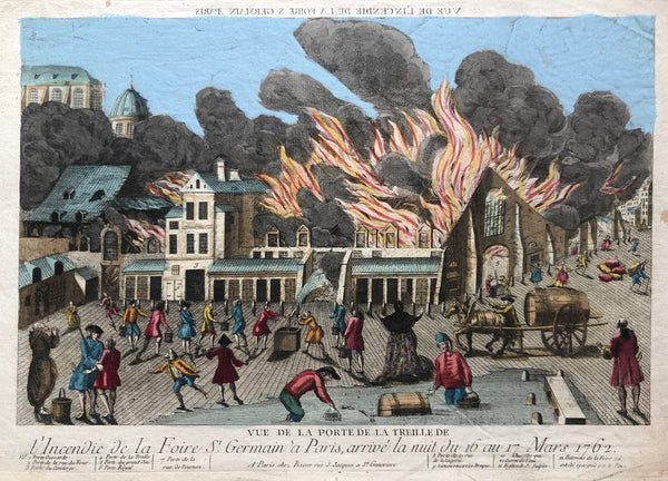 paris, parijs, old print, antique print, view, oude prent, prent parijs, fire, fire fighting, incendie, st. germain, optique, colour, optical print, engraving, gravure, antieke prent, city view, 