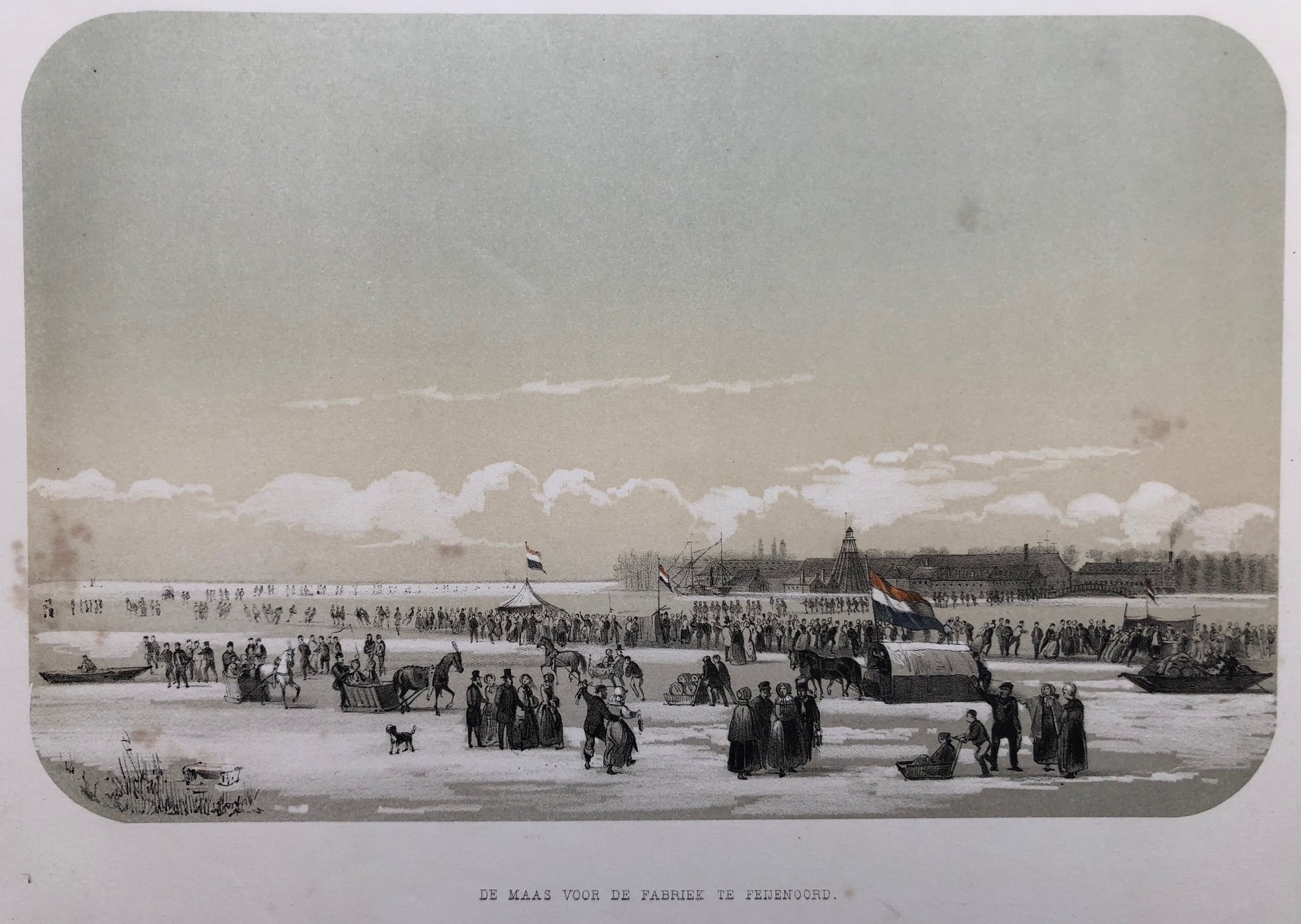 Winter, ice, skating, rotterdam, maas, feijenoord, feyenoord, old print, antique print, lithograph, dutch, holland,