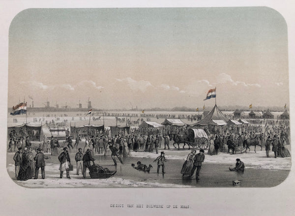  winter, skating, ice, rotterdam, view, old print, antique print, lithograph, dutch, city view, bolwerk, maas