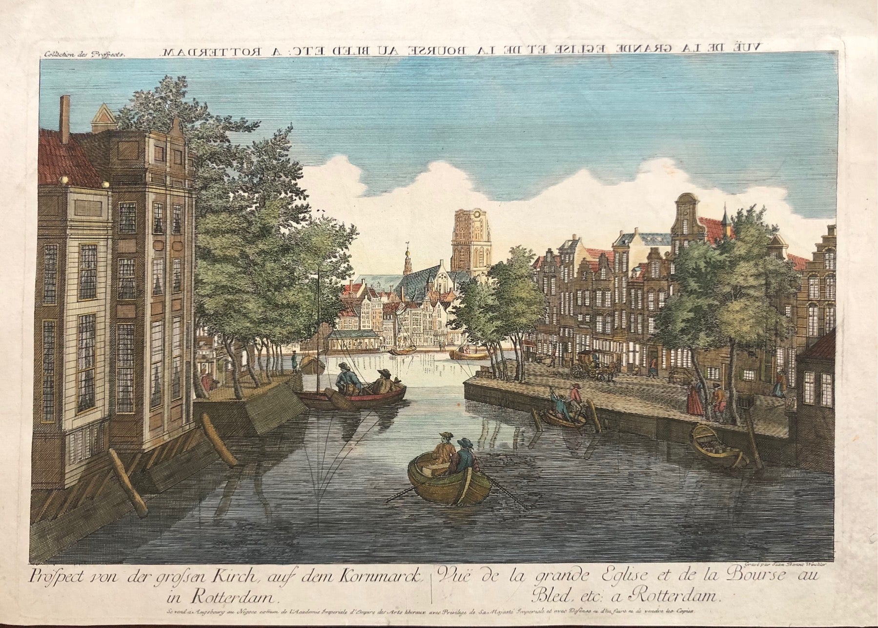 antique print, old print, antieke prent, oude prent, rotterdam, prent rotterdam, gravure, engraving, grote kerk, laurenskerk, korenmarkt, winckler, optica, vue optique, augsburg, canal, gracht,