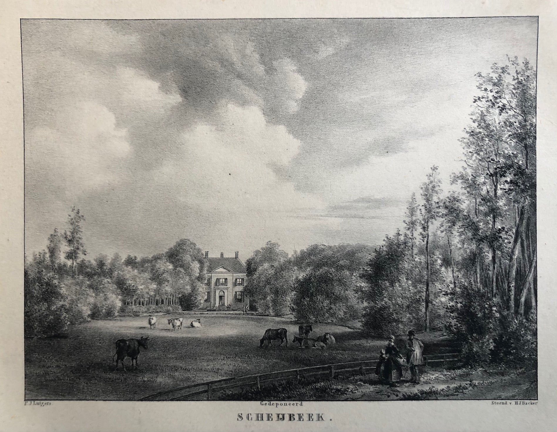 old print, antique print, oude prent, antieke prent, litho, lithograph, lutgers, haarlem, kennemerland, beverwijk, scheybeek, buitenplaats, velserweg, prent beverwijk