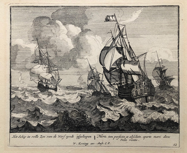 ships, sea, antique print, engraving, old print, shipbuilding, dutch, marine, varia, schepen, scheepsbouw, werf, meulen, schip in volle zee, koning