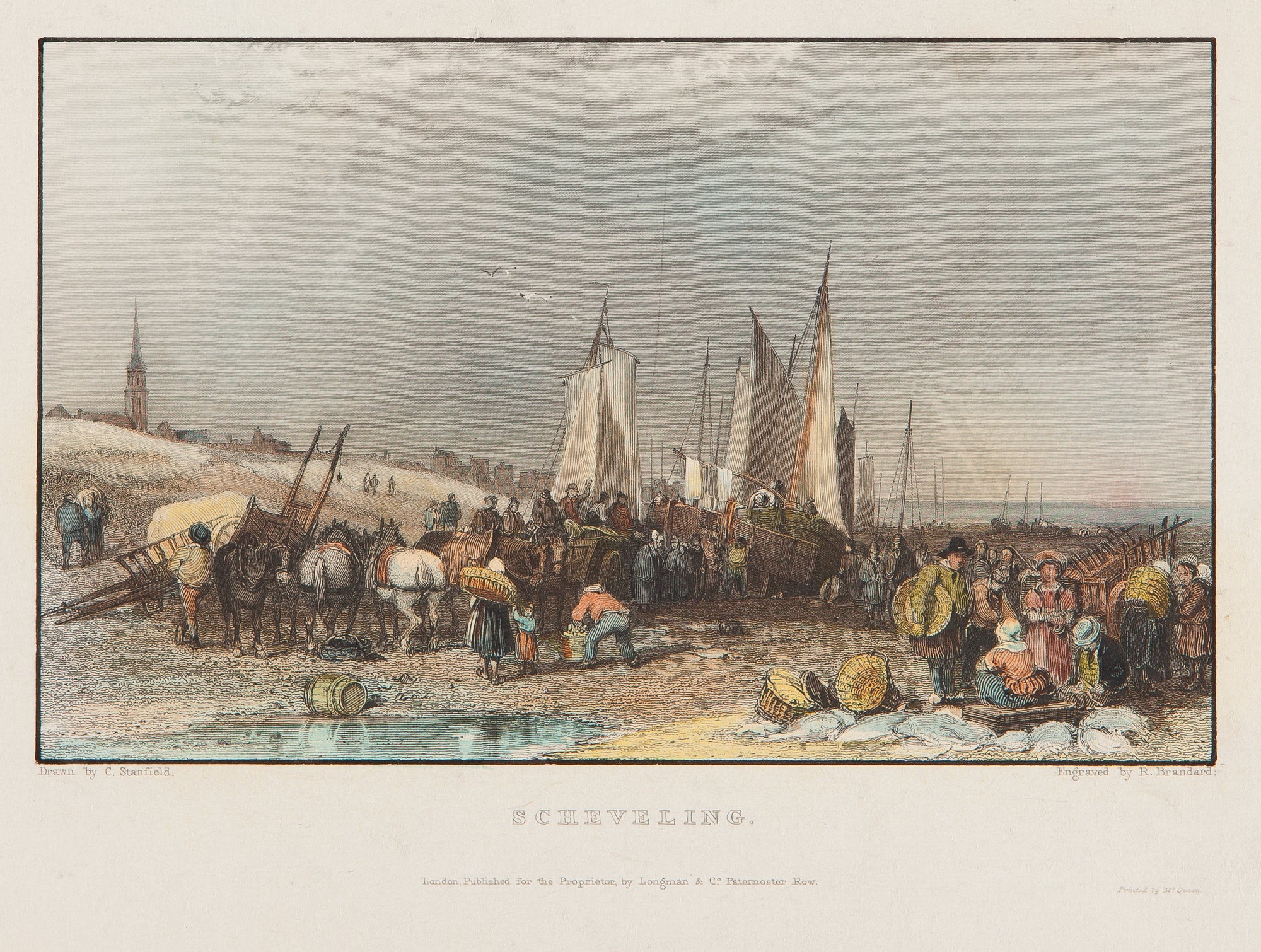 Scheveningen, scheveling, the hague, den haag, sea, ships, boats, fishermen, old print, antiqe print, engraving,colour, holland, village