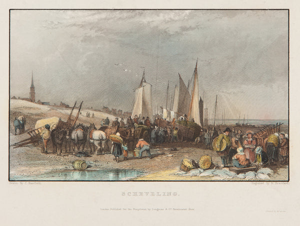 Scheveningen, scheveling, the hague, den haag, sea, ships, boats, fishermen, old print, antiqe print, engraving,colour, holland, village