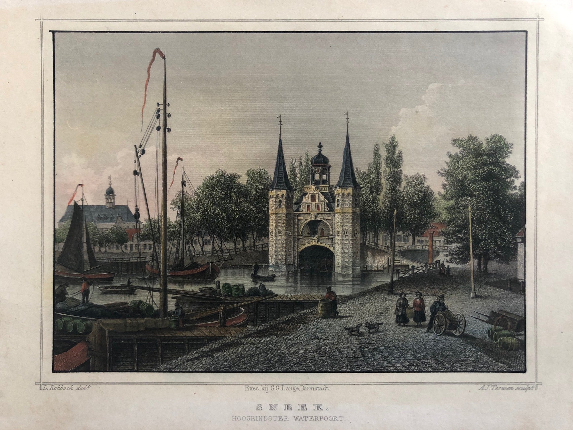 'Sneek, Hoogeindster Waterpoort'. Nice handcoloured steelengraving. Engraved by A.J. Terwen after L. Rohbock.