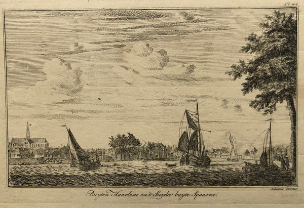 haarlem, spaarne, church, kerk, grote kerk, ships, boats, schepen, old print, antique print, old print haarlem, oude prent haarlem, swertner, zuider, buiten spaarne