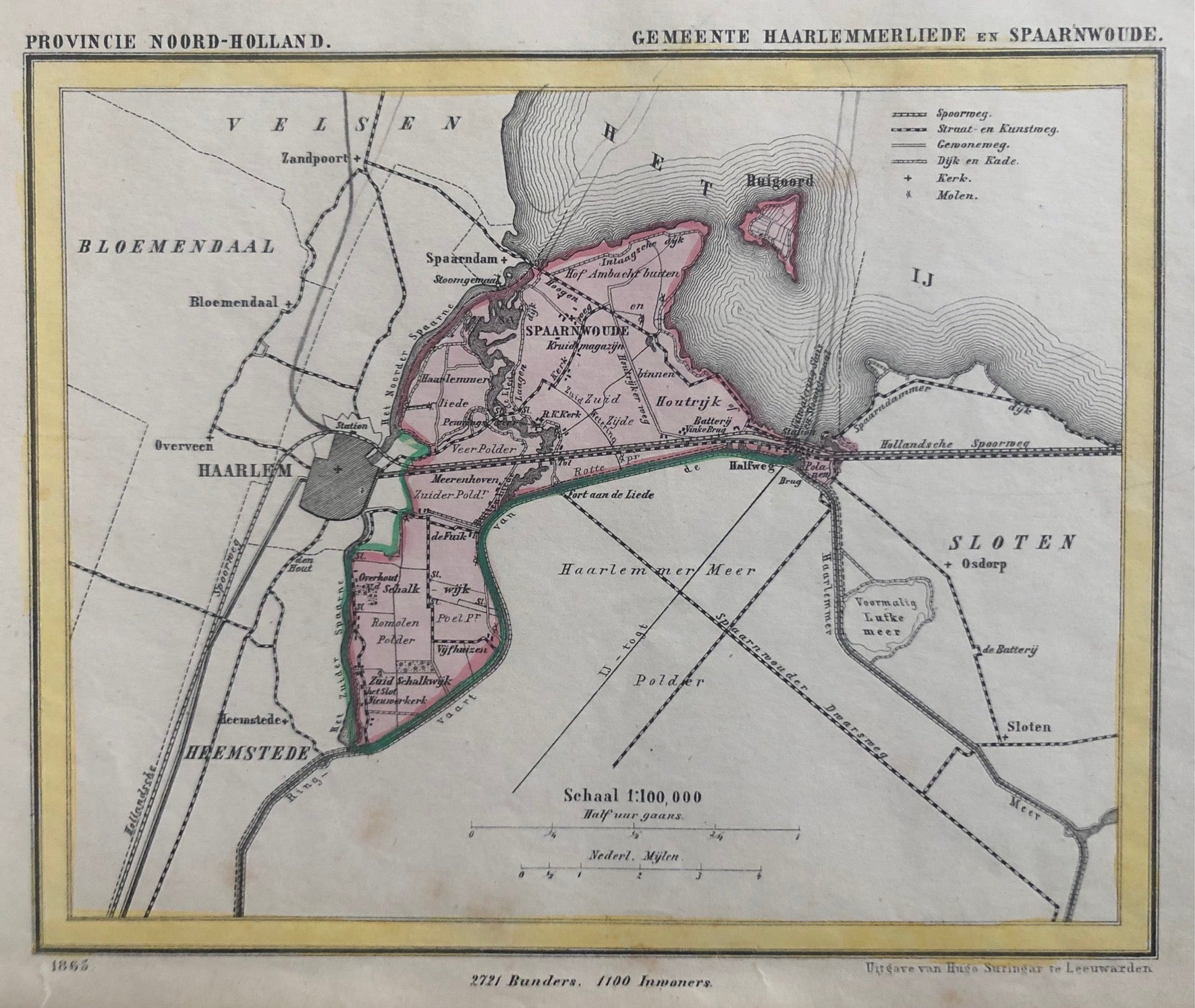  lithograph, map, antique map, Haarlemmerliede, Spaarnwoude, haarlem, Haarlemmermeer, kuijper, Suringar, heemstede, ruigoord, oude kaart, antieke kaart