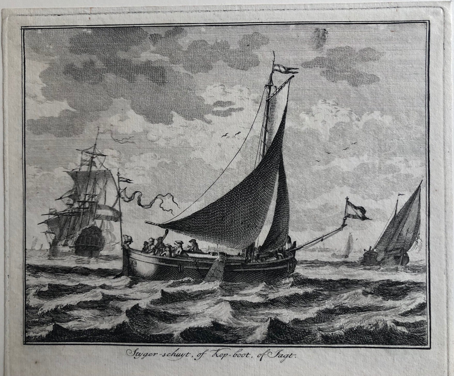 sailing, ships, maritime, sea, ships, dutch, old print, antique print, oude prent, scheepsprent, maritiem, antieke prent, boten, scheepvaart, schuyt, schuit, styger, jagt, kop boot, sea, meulen, van der laan, suite, sieuwert, adolf, etching, engraving, gravure, ets