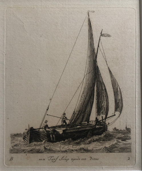  old print, antique print, etching, groenewegen, ships, marine, dutch, holland, turfschip, turf, venus, sailing, sea, maritime, oude prent, antieke prent, scheepsprent, gerrit groenewegen, grafiek