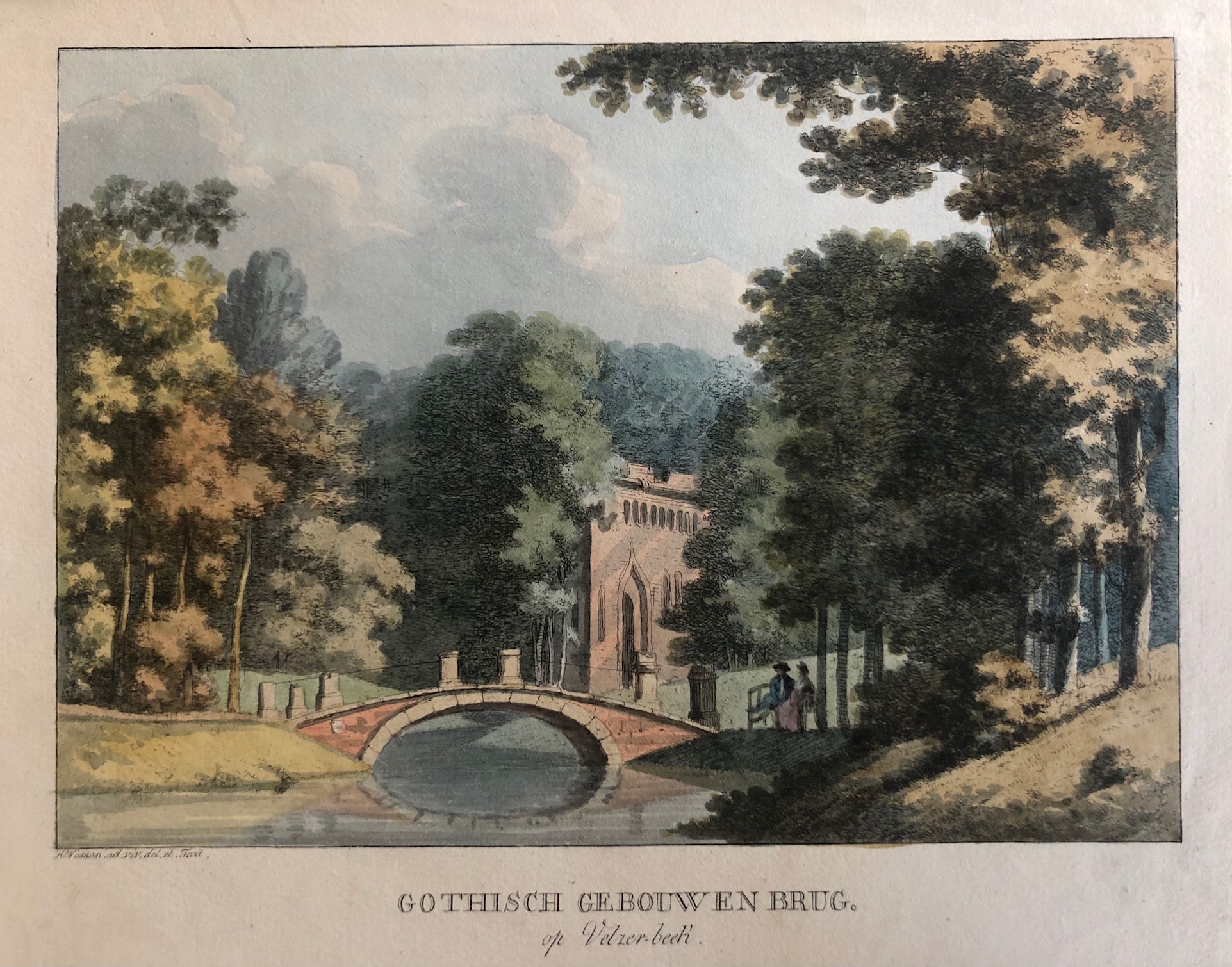  antique print, old print, engraving, velsen, velserbeek, oude prent, antieke prent, velsen, velserbeek, numan, hermanus numan, view, city, noord holland, arcadia, ets, gravure, aquatint, kleur, gebouw, brug