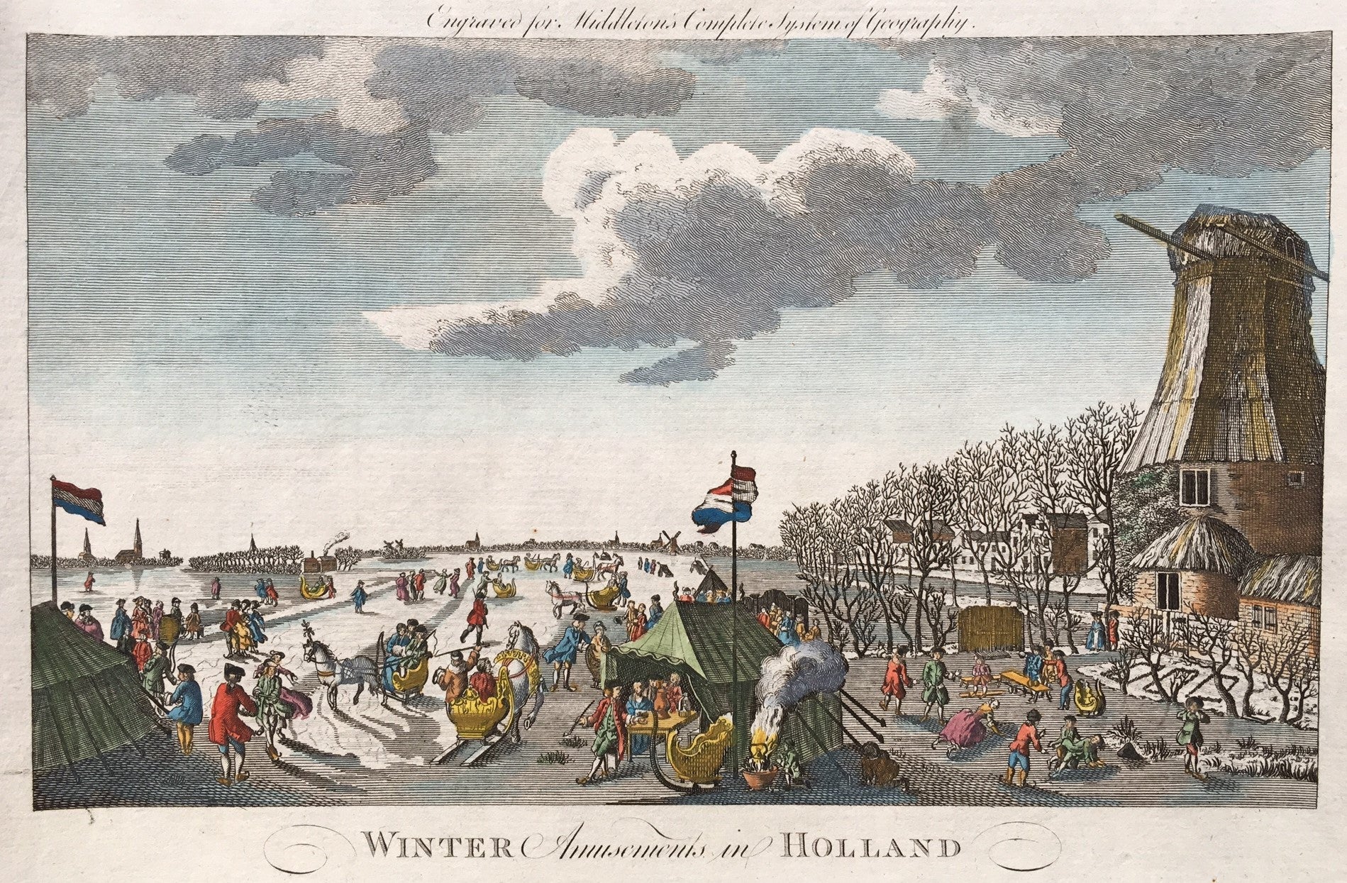 Antique print "Winter Amusements in Holland". Handcoloured engraving, published in Middleton's Complete System of Geography. Nice dutch winterscene with people skating , sleighs, mill etc.