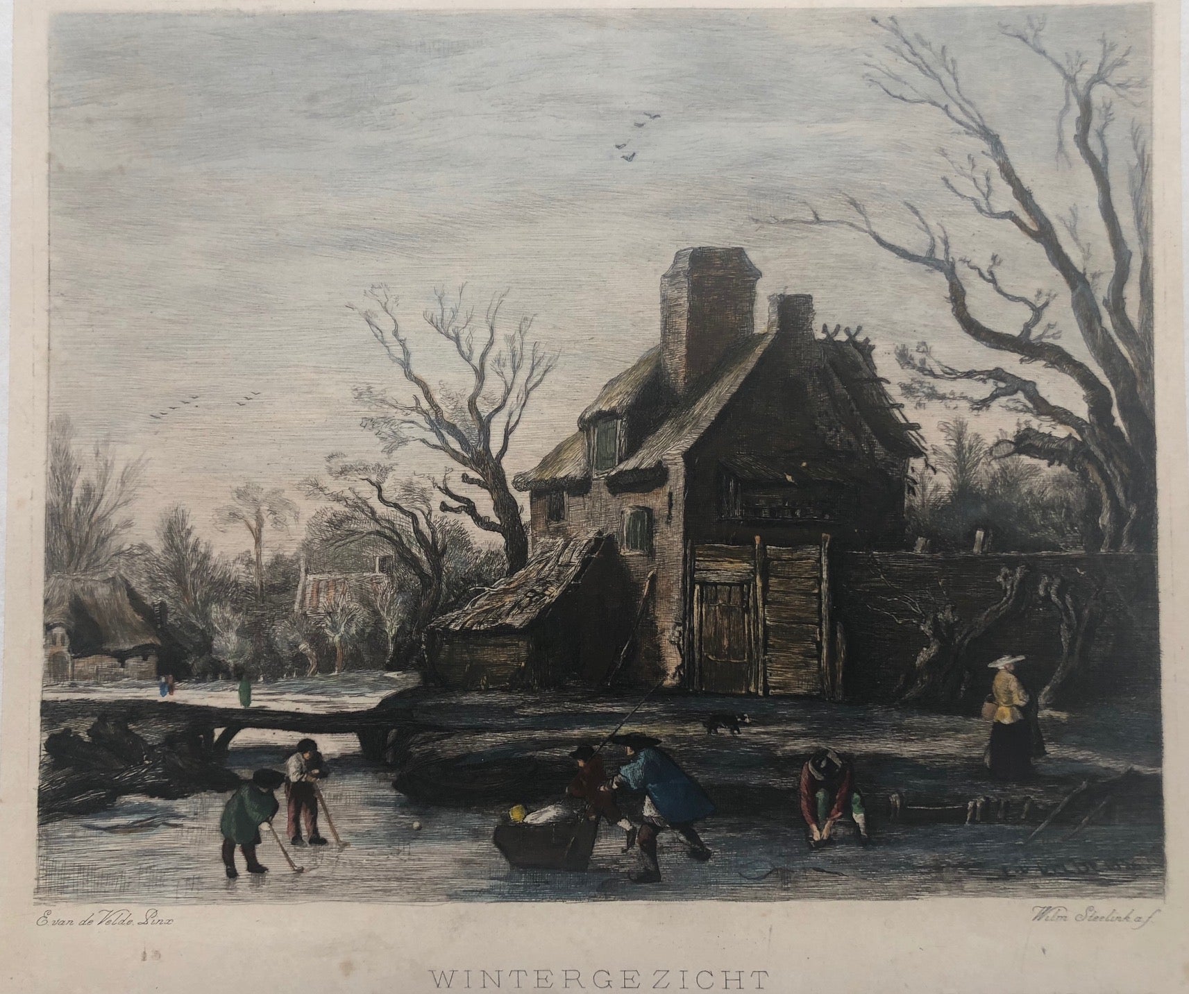  'Wintergezicht'  . Nice winterscene showing a Dutch village with people skating and playing 'Kolf' on the ice.