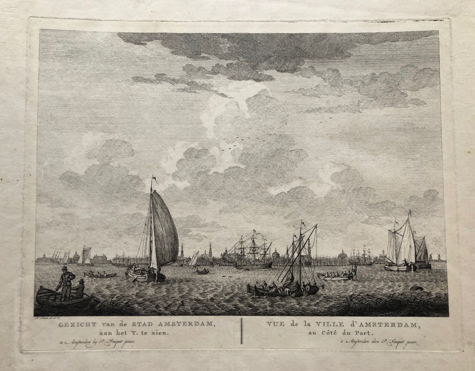 old print, antique print, prent van amsterdam, profile, profiel, gezicht, view, engraving, ships, het IJ, Y, port, sailing, schepen, fouquet, schouten