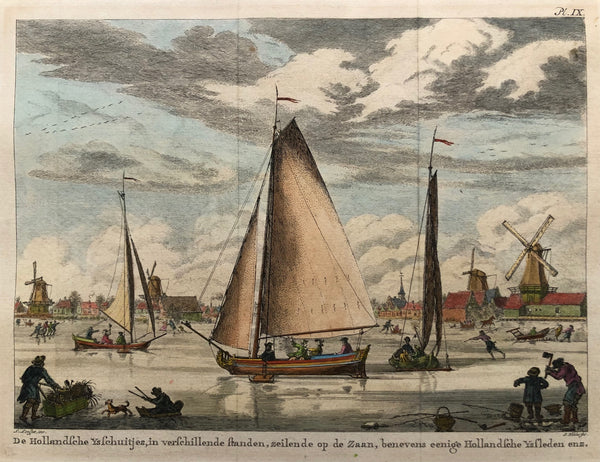De Hollandsche Ysschuitjes, in verschillende standen, zeilende op de Zaan, benevens eenige Hollandsche Yssleden enz.' Nice and rare handcolored engraving showing the river Zaan