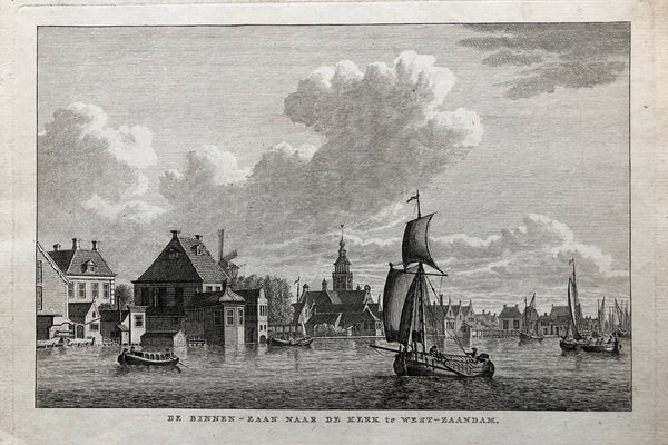 De Binnen - Zaan naar de Kerk te West - Zaandam. Very nice engraving showing the river 'Zaan' with boats, a church and a windmill in the background