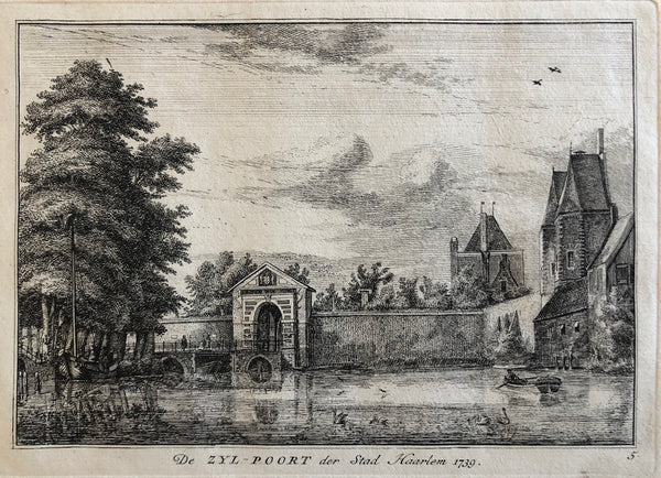  ' De Zyl - Poort der Stad Haarlem 1739' .  Etching by Hendrik Spilman (1721 - 1784) Plate 5 from the series: 'Kennemerlandsche gezichten'.