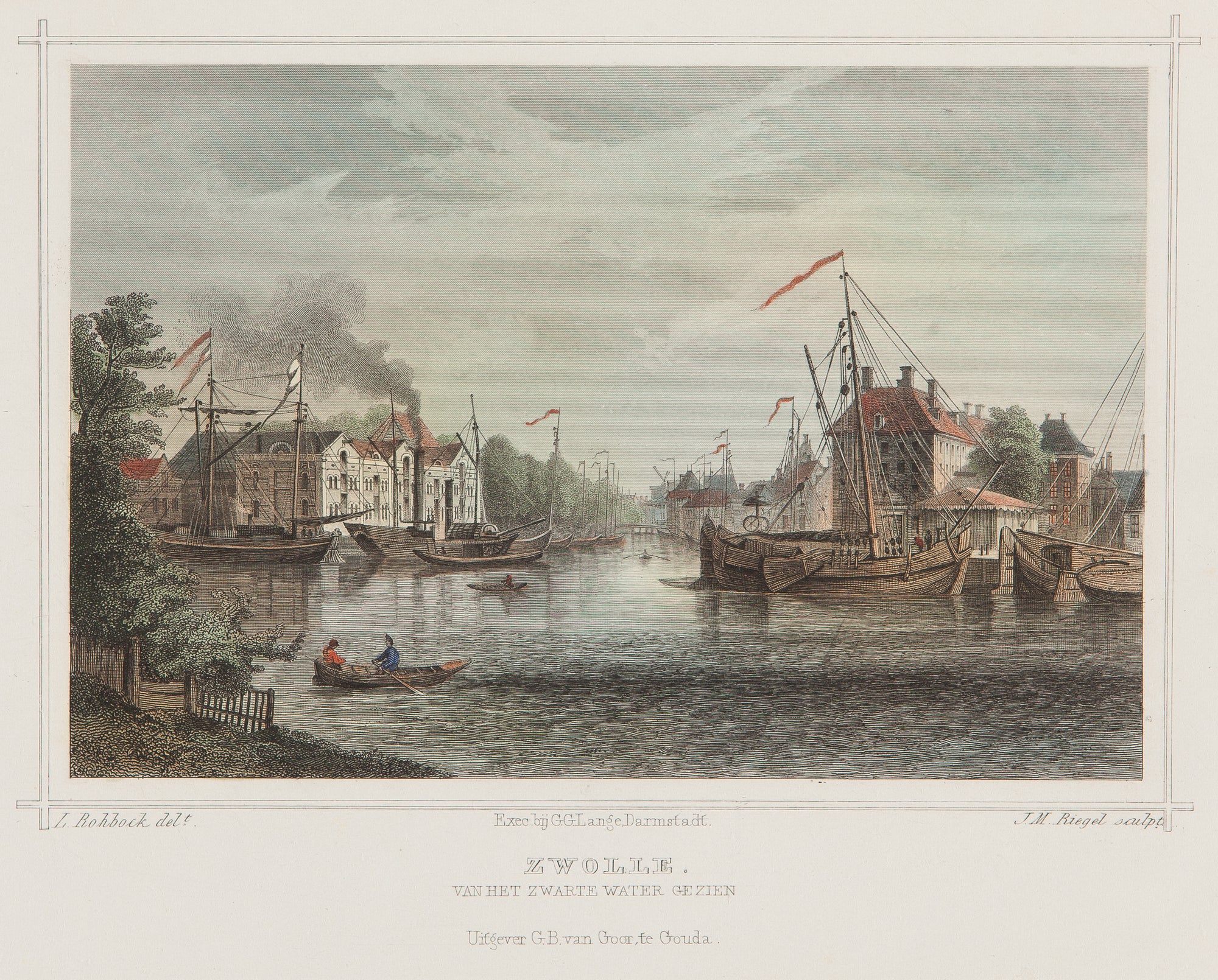 zwolle, gelderland, zwarte water, old print, antique print, engraving, holland, ships, boats, dutch, city view, colour