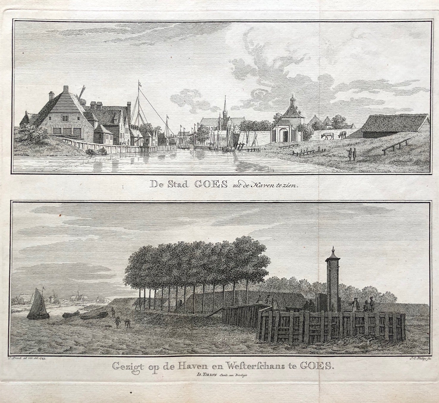 "De Stad GOES uit de Haven te zien. - Gezigt op de Haven en Westerschans te Goes'  Two views on one sheet showing Goes seen from the north. The harbour is the 'Nieuwe Haven' . Engraving by Cornelis Pronk after J.C. Philips.