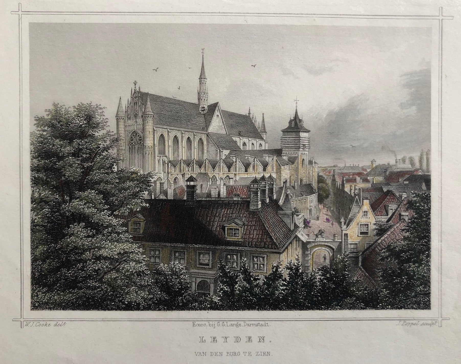 'Leyden. Van den Burg te zien'. Nice view at Leiden. Steelengraving with  delicate colouring. Drawn by W.J. Cooke, engraved by J. Poppel