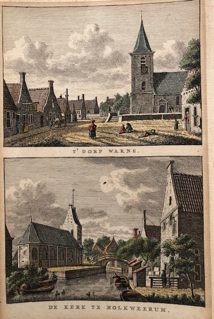 't Dorp Warns - De Kerk te Molkweerum  Handcoloured engraving, two views on one sheet. Drawn by Jan Bulthuis and engraved by K.F. Bendorp. Published in 1793